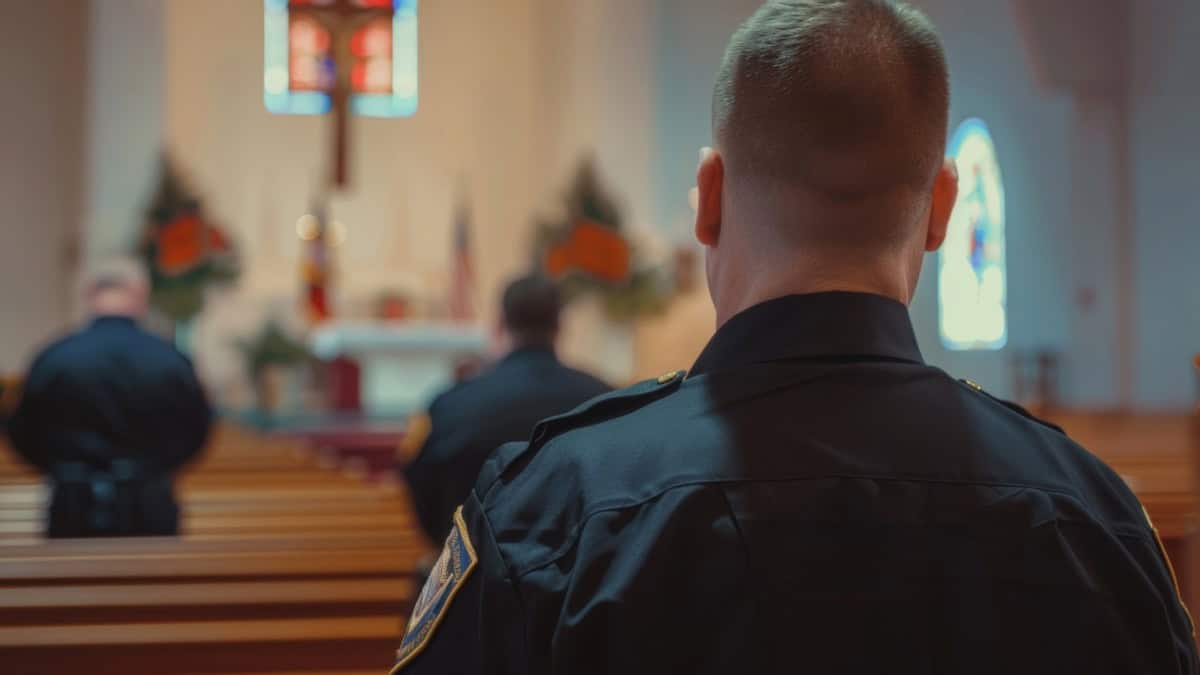 Security officer monitoring church interior for safety in Nashville.