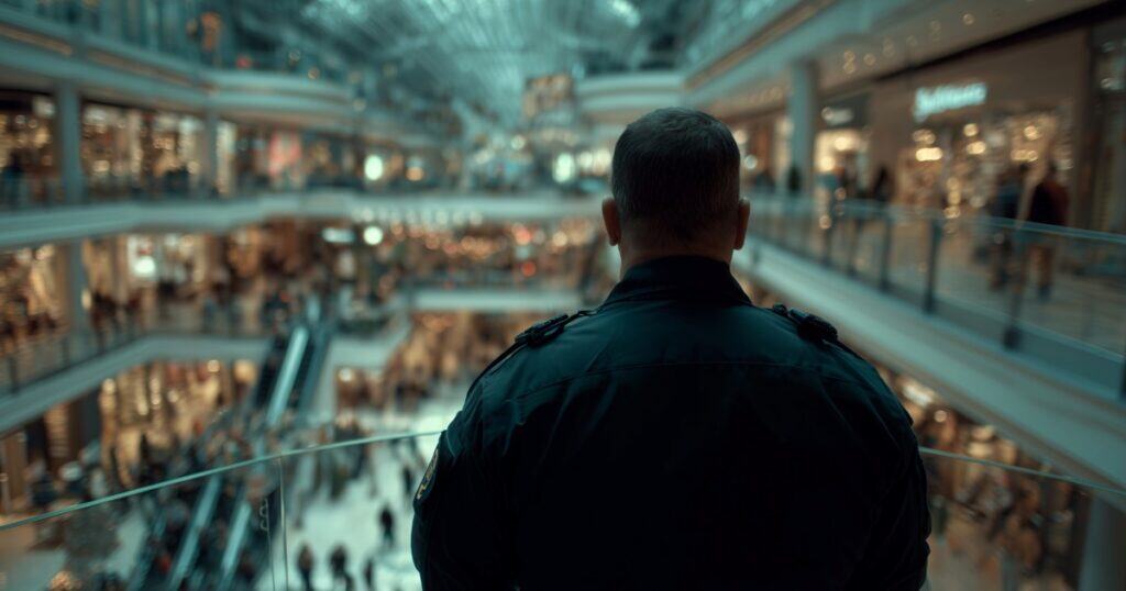 Security guard overseeing shopping mall security in a busy retail center.