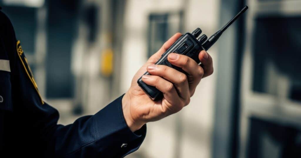 Security officer holding a radio for communication at a commercial property.