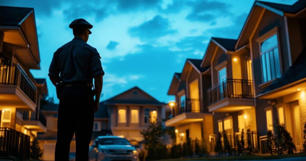 Security guard patrolling residential neighborhood during evening hours.