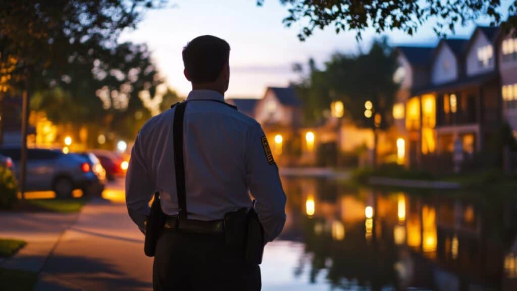 Security guard patrolling residential neighborhood during evening hours.